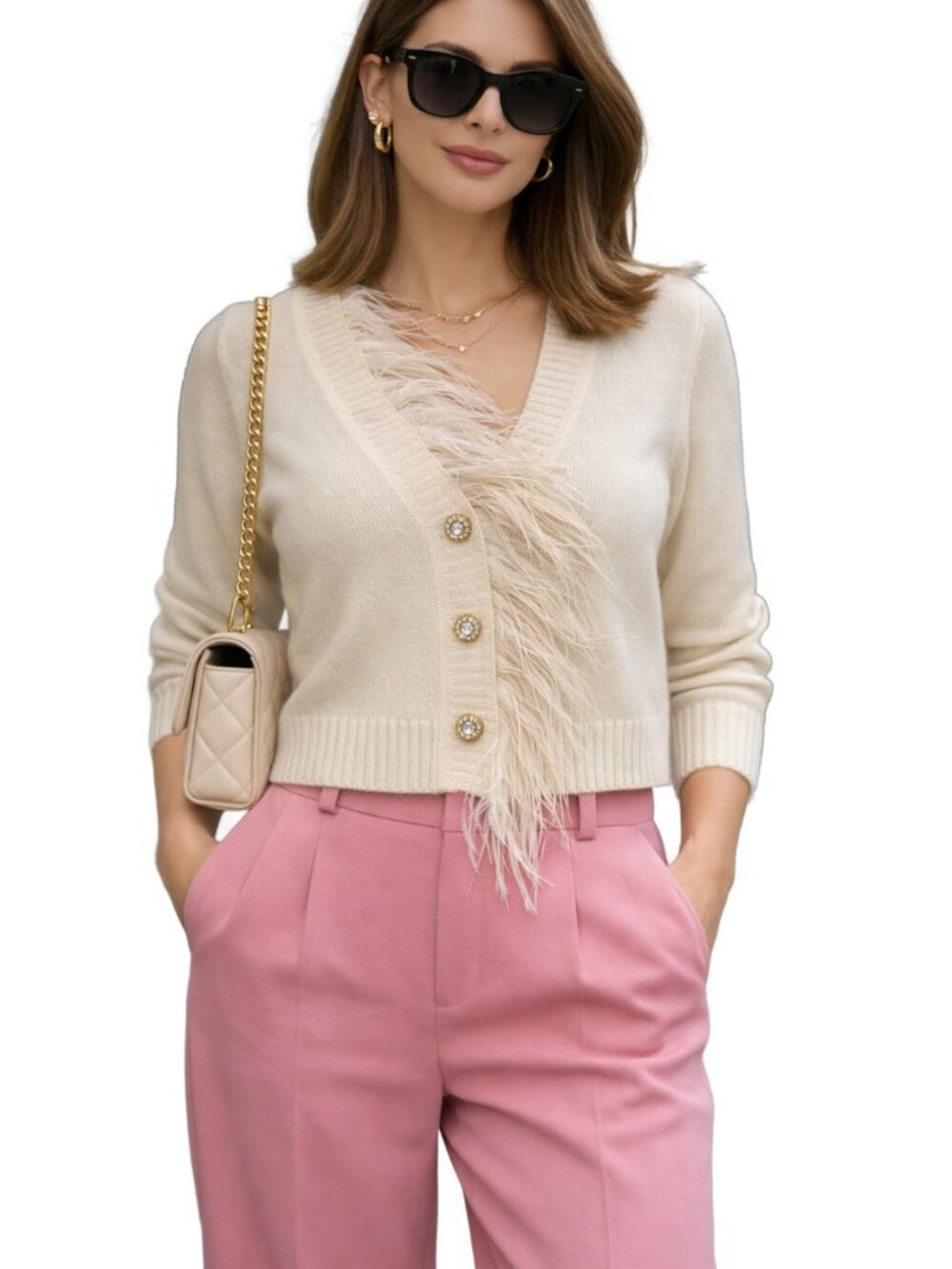 J. CREW Ivory Feather-Trim Jewel Buttons Cashmere Cropped Cardigan Sz M
